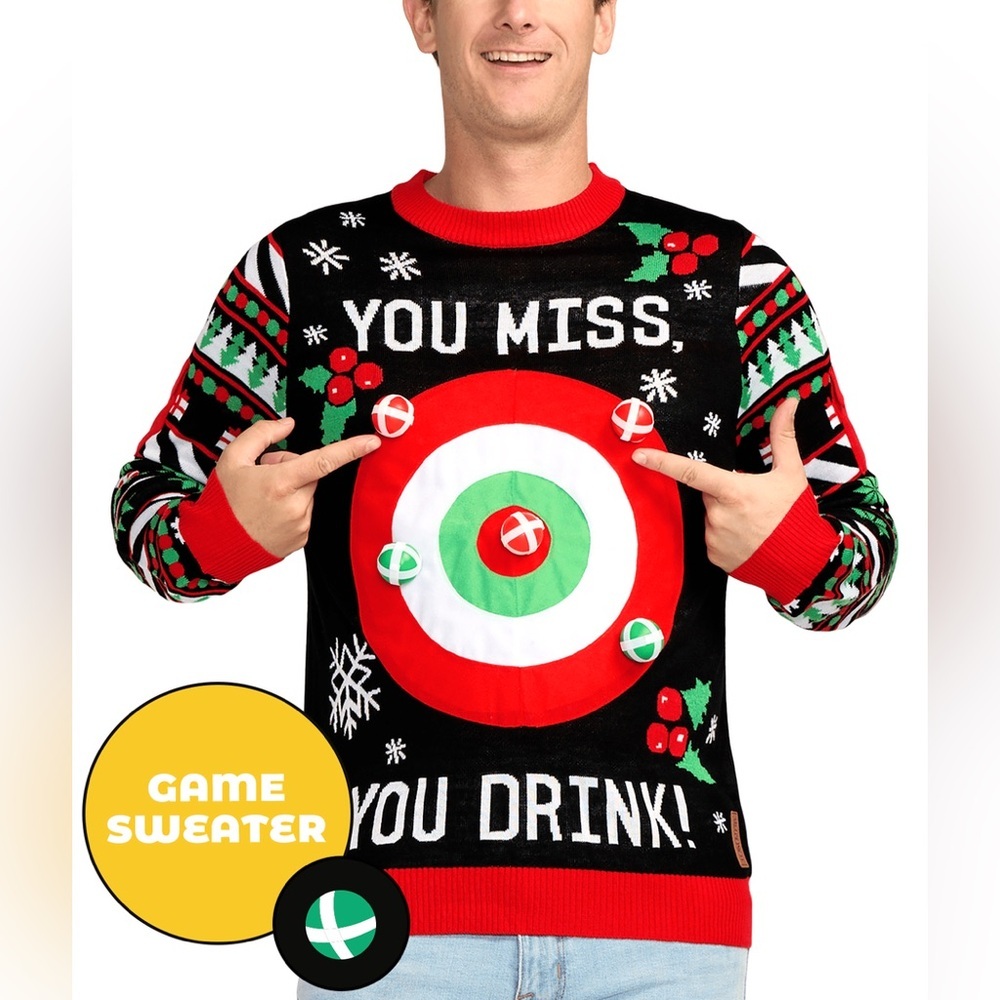 NEW Tipsy Elves Mens Drinking Game Ugly Christmas Sweater Bullseye Target Black